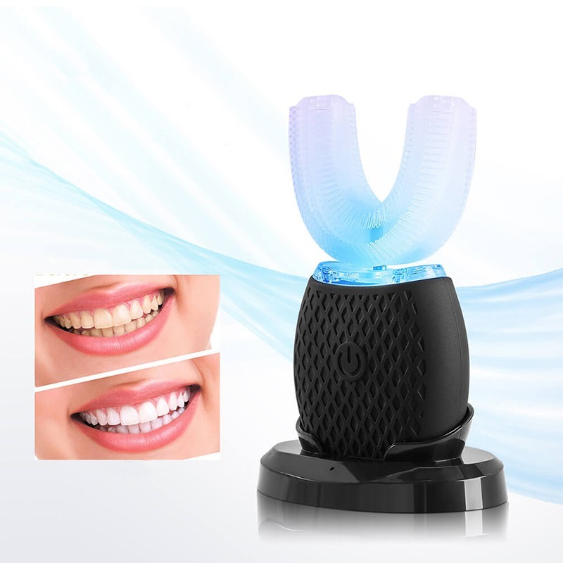 The U-shaped electric teeth whitener uses sonic cleaning technology to deliver gentle, dynamic cleaning action