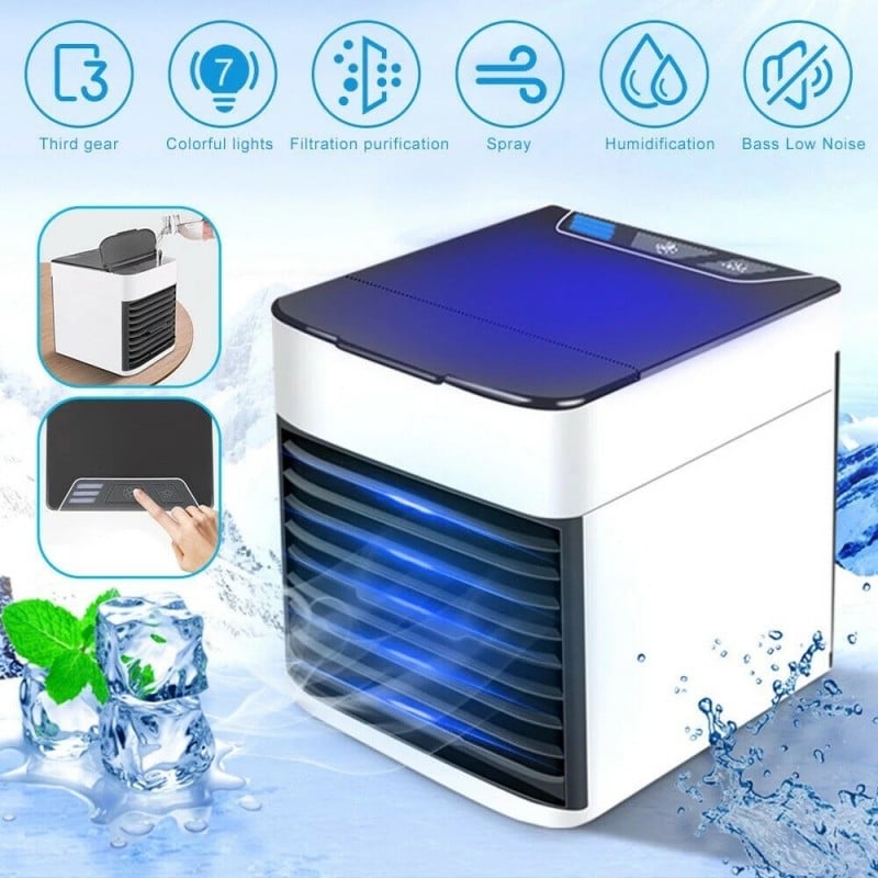 Mini Climatizzatore Portatile Multifunzione con Luce LED Un mini sistema di climatizzazione portatile, ideale per creare un ambiente piacevole, fresco e pulito.
