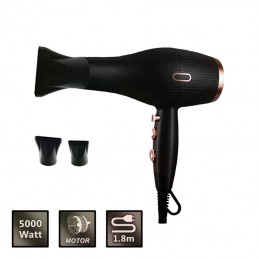 Sèche-cheveux professionnel de 5 000 W, avec différents niveaux de température et de vitesse, pour un séchage rapide et une finition professionnelle.