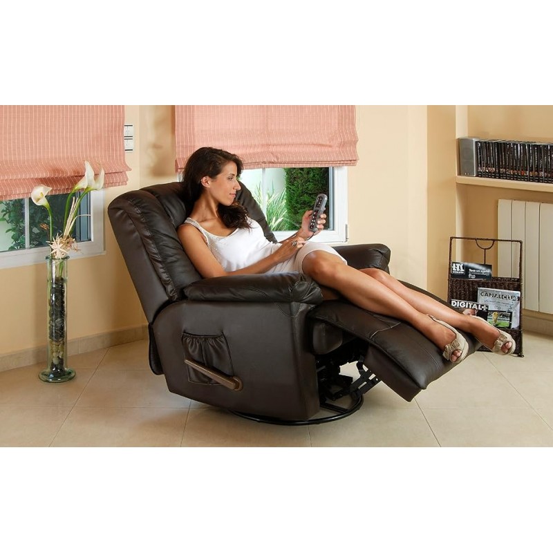 Este Sillón - Sillón de Masaje de Piel, tiene un diseño elegante que incorpora un sistema de masaje por vibración y calor lumbar.