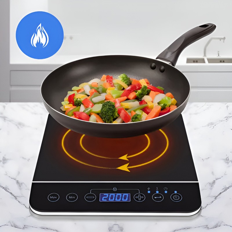 Plaque à induction portable - 2000 W D'une puissance de 2000W, cette plaque à induction chauffe plus vite qu'une plaque de cuisson ou une cuisinière classique