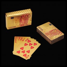 Un jeu de 54 cartes au design élégant plaqué or, composé de 52 cartes régulières et de 2 Jokers.