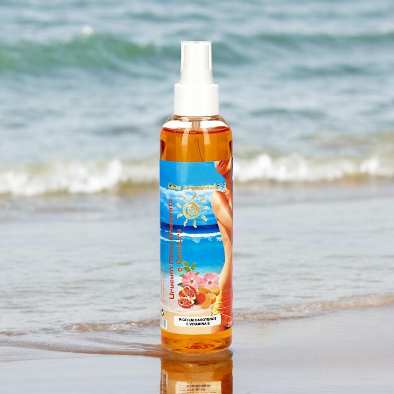 Bräunungsöl – Annatto, Hagebutte und Karotte – 200 ml Genießen Sie den Sommer mit diesem unglaublichen Bräunungsöl aus Annatto, Hagebutte und Karotte und erhalten Sie eine strahlende und langanhaltende Bräune