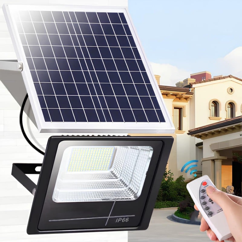 Projetor LED IP66 com Painel Solar e Comando - 50W O projetor é totalmente autónomo, a energia é captada pelo painel durante o dia, para que possa usufruir de iluminação sem custos durante a noite