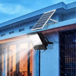 O projetor é totalmente autónomo, a energia é captada pelo painel durante o dia, para que possa usufruir de iluminação sem custos durante a noite
