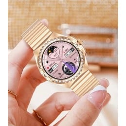 Women's Gold AMOLED 1.3" Smartwatch, Bluetooth Calling, IP68, and 3 Wristbands. Compatible with Android & iPhone, up to 2 days of battery life, and wireless charging.