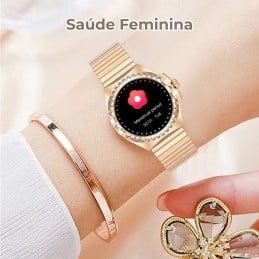 Women's Gold AMOLED 1.3" Smartwatch, Bluetooth Calling, IP68, and 3 Wristbands. Compatible with Android & iPhone, up to 2 days of battery life, and wireless charging.