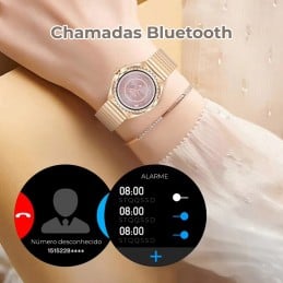 Women's Gold AMOLED 1.3" Smartwatch, Bluetooth Calling, IP68, and 3 Wristbands. Compatible with Android & iPhone, up to 2 days of battery life, and wireless charging.