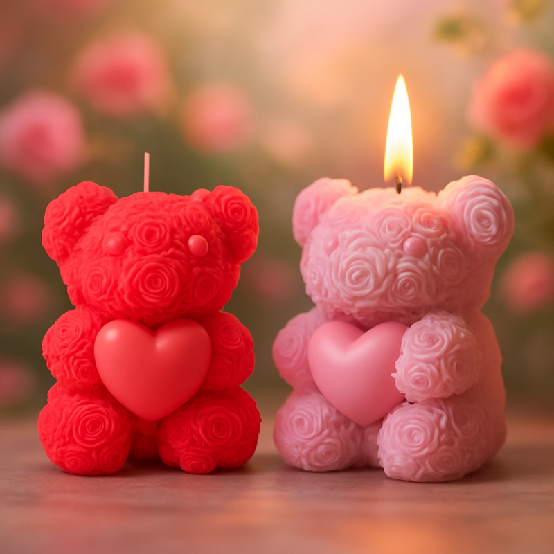 Teddy Bear Scented Candle - Soft Scent, Soy Wax - Vegan Handmade soy wax candle, teddy bear shaped with rose texture. Vegan fragrances, various colors and sizes. Made in Portugal - ideal for gift giving.