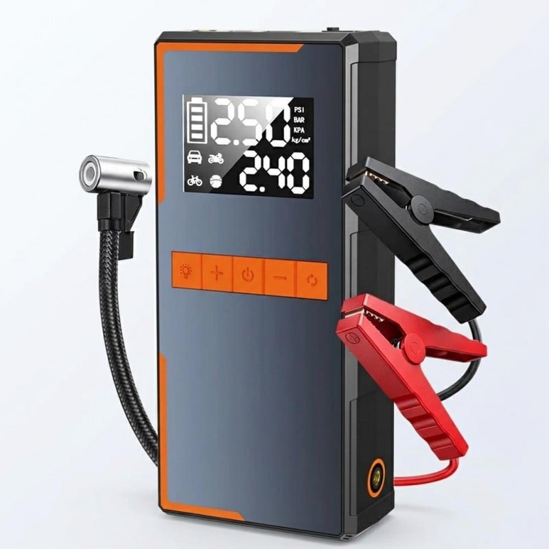 Starten Sie Ihr Auto sicher und schnell. Tragbare Powerbank mit integrierter Reifenpumpe, ideal für Autopannen.