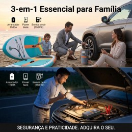 Arranque o seu carro com segurança e rapidez. Power bank portátil com bomba de ar integrada para pneus, ideal para emergências automóveis