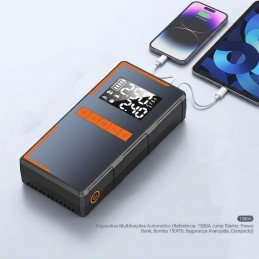 Starten Sie Ihr Auto sicher und schnell. Tragbare Powerbank mit integrierter Reifenpumpe, ideal für Autopannen.