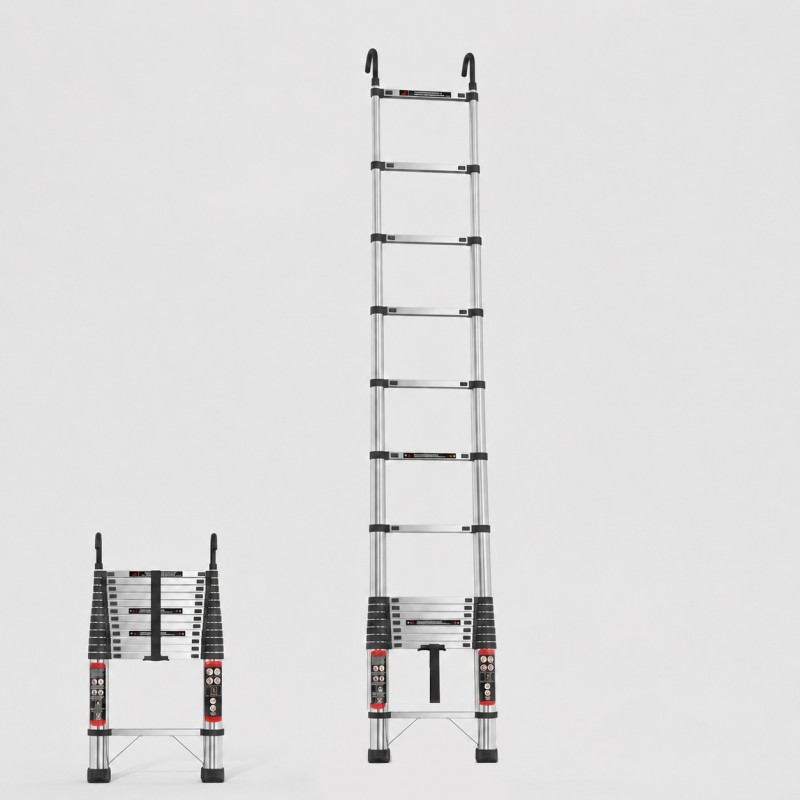 Escada Telescópica Dobrável 4.4 Metros Escada telescópica com ganchos destacáveis, degraus únicos e pés antiderrapantes. Ideal para trabalhos em altura com capacidade até 150 kg