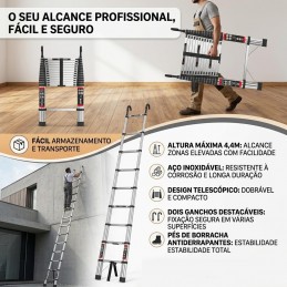 4,4 Meter lange, klappbare Teleskopleiter Teleskopleiter mit abnehmbaren Haken, einzelnen Sprossen und rutschfesten Füßen. Ideal für Arbeiten in der Höhe mit einer Tragfähigkeit bis zu 150 kg.