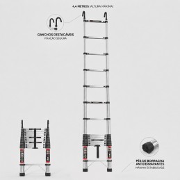 Scala telescopica con ganci rimovibili, pioli singoli e piedini antiscivolo. Ideale per lavorare in quota, con una portata fino a 150 kg.
