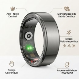 Descubre el anillo inteligente con marco de acero de titanio, monitorización de la salud, modos multideporte y resistencia al agua de grado militar.