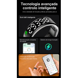 Smart Ring - Anel Inteligente com Mostrador Táctil Anel inteligente com mostrador táctil, carregamento sem fios e monitorização de saúde. Resistente à água, perfeito para o dia a dia ativo de homens e mulheres