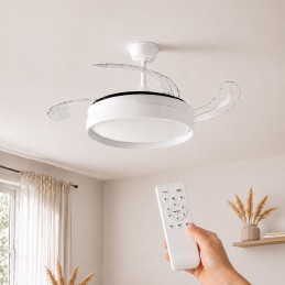 Ventilateur de plafond avec éclairage LED, 4 pales rétractables, télécommande, 6 vitesses, minuterie et fonction été/hiver. Idéal pour les pièces jusqu'à 25 m².