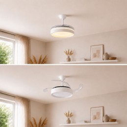 Ventilateur de plafond avec éclairage LED, 4 pales rétractables, télécommande, 6 vitesses, minuterie et fonction été/hiver. Idéal pour les pièces jusqu'à 25 m².