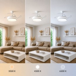 Ventilador de techo con luz LED, 4 aspas retráctiles, mando a distancia, 6 velocidades, temporizador y función verano/invierno. Ideal para habitaciones de hasta 25 m².