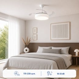 Ceiling fan with LED light, 4 retractable blades, remote control, 6 speeds, timer and summer/winter function. Ideal for rooms up to 25 m2.