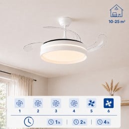 Ceiling fan with LED light, 4 retractable blades, remote control, 6 speeds, timer and summer/winter function. Ideal for rooms up to 25 m2.