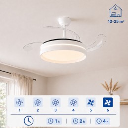 Ventilateur de plafond avec éclairage LED, 4 pales rétractables, télécommande, 6 vitesses, minuterie et fonction été/hiver. Idéal pour les pièces jusqu'à 25 m².