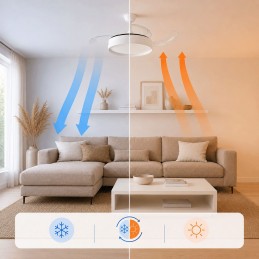 Ventilateur de plafond avec éclairage LED, 4 pales rétractables, télécommande, 6 vitesses, minuterie et fonction été/hiver. Idéal pour les pièces jusqu'à 25 m².