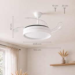 Ventilador de techo con luz LED, 4 aspas retráctiles, mando a distancia, 6 velocidades, temporizador y función verano/invierno. Ideal para habitaciones de hasta 25 m².
