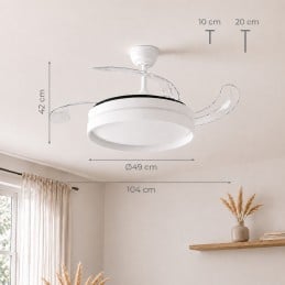 Ventoinha de Teto com Luz LED e Pás Retráteis 72 W Ventoinha de teto com luz LED, 4 pás retráteis, comando, 6 velocidades, temporizador e função verão/inverno. Ideal para divisões até 25 m2