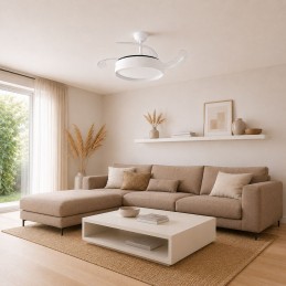 Ventilateur de plafond avec éclairage LED, 4 pales rétractables, télécommande, 6 vitesses, minuterie et fonction été/hiver. Idéal pour les pièces jusqu'à 25 m².