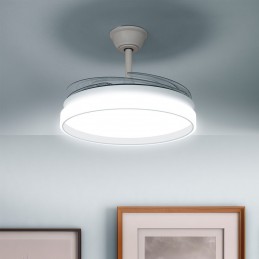 Ventilateur de plafond avec éclairage LED, 4 pales rétractables, télécommande, 6 vitesses, minuterie et fonction été/hiver. Idéal pour les pièces jusqu'à 25 m².