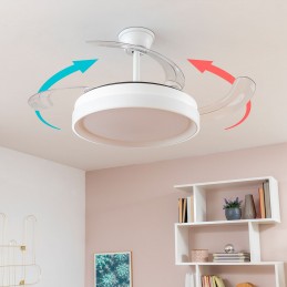Ventilateur de plafond avec éclairage LED, 4 pales rétractables, télécommande, 6 vitesses, minuterie et fonction été/hiver. Idéal pour les pièces jusqu'à 25 m².