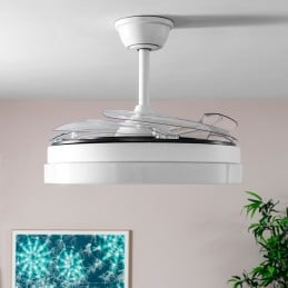 Ventoinha de Teto com Luz LED e Pás Retráteis 72 W Ventoinha de teto com luz LED, 4 pás retráteis, comando, 6 velocidades, temporizador e função verão/inverno. Ideal para divisões até 25 m2