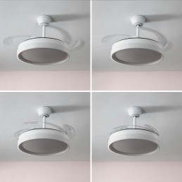 Ventilateur de plafond avec éclairage LED, 4 pales rétractables, télécommande, 6 vitesses, minuterie et fonction été/hiver. Idéal pour les pièces jusqu'à 25 m².