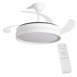 Ventilateur de plafond avec éclairage LED, 4 pales rétractables, télécommande, 6 vitesses, minuterie et fonction été/hiver. Idéal pour les pièces jusqu'à 25 m².