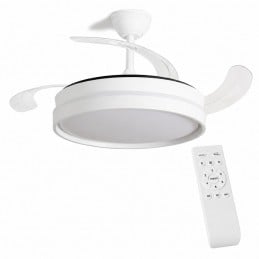 Ventoinha de Teto com Luz LED e Pás Retráteis 72 W Ventoinha de teto com luz LED, 4 pás retráteis, comando, 6 velocidades, temporizador e função verão/inverno. Ideal para divisões até 25 m2