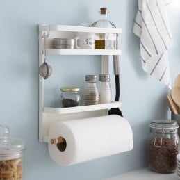 Prateleira organizadora magnética com 2 prateleiras rebatíveis, barra de madeira e 2 ganchos móveis. Ideal para frigorífico, máquina de lavar ou superfícies metálicas.