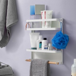 Magnetisches Organizer-Regal mit 2 klappbaren Ablagen, Holzstange und 2 verschiebbaren Haken. Ideal für Kühlschränke, Waschmaschinen oder Metalloberflächen.