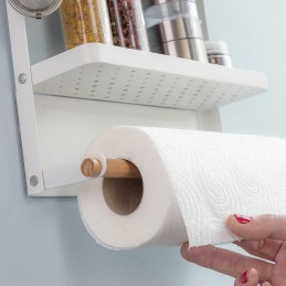 Magnetisches Organizer-Regal mit 2 klappbaren Ablagen, Holzstange und 2 verschiebbaren Haken. Ideal für Kühlschränke, Waschmaschinen oder Metalloberflächen.