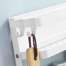 Magnetisches Organizer-Regal mit 2 klappbaren Ablagen, Holzstange und 2 verschiebbaren Haken. Ideal für Kühlschränke, Waschmaschinen oder Metalloberflächen.