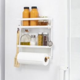 Mensola organizer magnetica per frigorifero Mensola organizer magnetica con 2 ripiani pieghevoli, barra in legno e 2 ganci mobili. Ideale per frigoriferi, lavatrici o superfici metalliche.