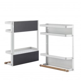 Magnetisches Organizer-Regal mit 2 klappbaren Ablagen, Holzstange und 2 verschiebbaren Haken. Ideal für Kühlschränke, Waschmaschinen oder Metalloberflächen.