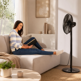 XL 2-in-1 Pedestal and Tabletop Fan 55W with Remote Control XL 2-in-1 pedestal and table fan with 55W, 5 blades, 40cm diameter, 3 speeds, 3 modes, remote control, timer and automatic oscillation.