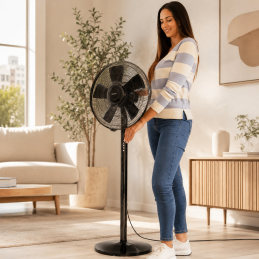 XL 2-in-1 Pedestal and Tabletop Fan 55W with Remote Control XL 2-in-1 pedestal and table fan with 55W, 5 blades, 40cm diameter, 3 speeds, 3 modes, remote control, timer and automatic oscillation.
