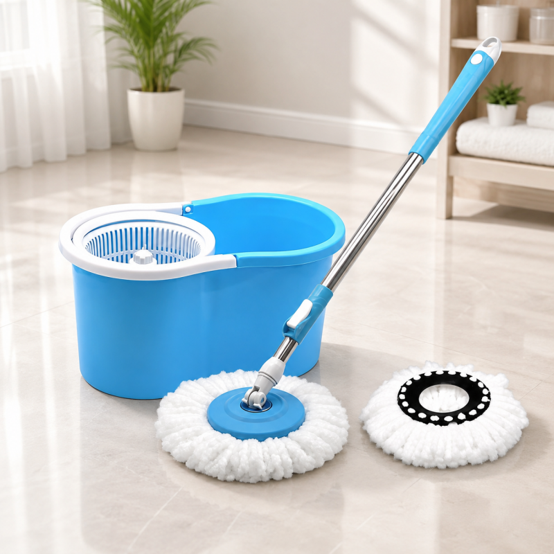 Mocio girevole a 360° senza pedale, con secchio per lavaggio e strizzatura a mani libere. Include 2 panni riutilizzabili per la pulizia a secco e a umido.