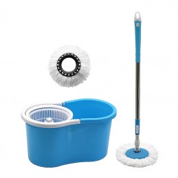 360° Rotating Mop without pedal, with bucket for hands-free washing and wringing. Includes 2 reusable cloths for dry and wet cleaning.