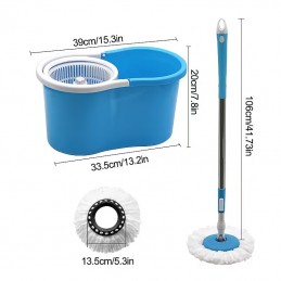 360° Rotating Mop without pedal, with bucket for hands-free washing and wringing. Includes 2 reusable cloths for dry and wet cleaning.