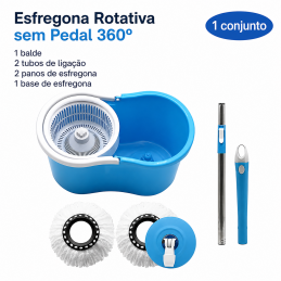 360° Rotating Mop without pedal, with bucket for hands-free washing and wringing. Includes 2 reusable cloths for dry and wet cleaning.