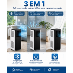 Tragbare Klimaanlage, 3-in-1, Energieeffizienzklasse A, ECO-Modus, Fernbedienung und Fensterkit inklusive. Kühlen Sie Ihr Zuhause ohne feste Installation.